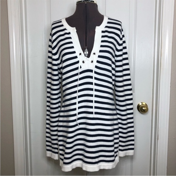 Nautica Cotton Knit V Neckline String Navy White Stripes Versatile Sweater M - Picture 3 of 10